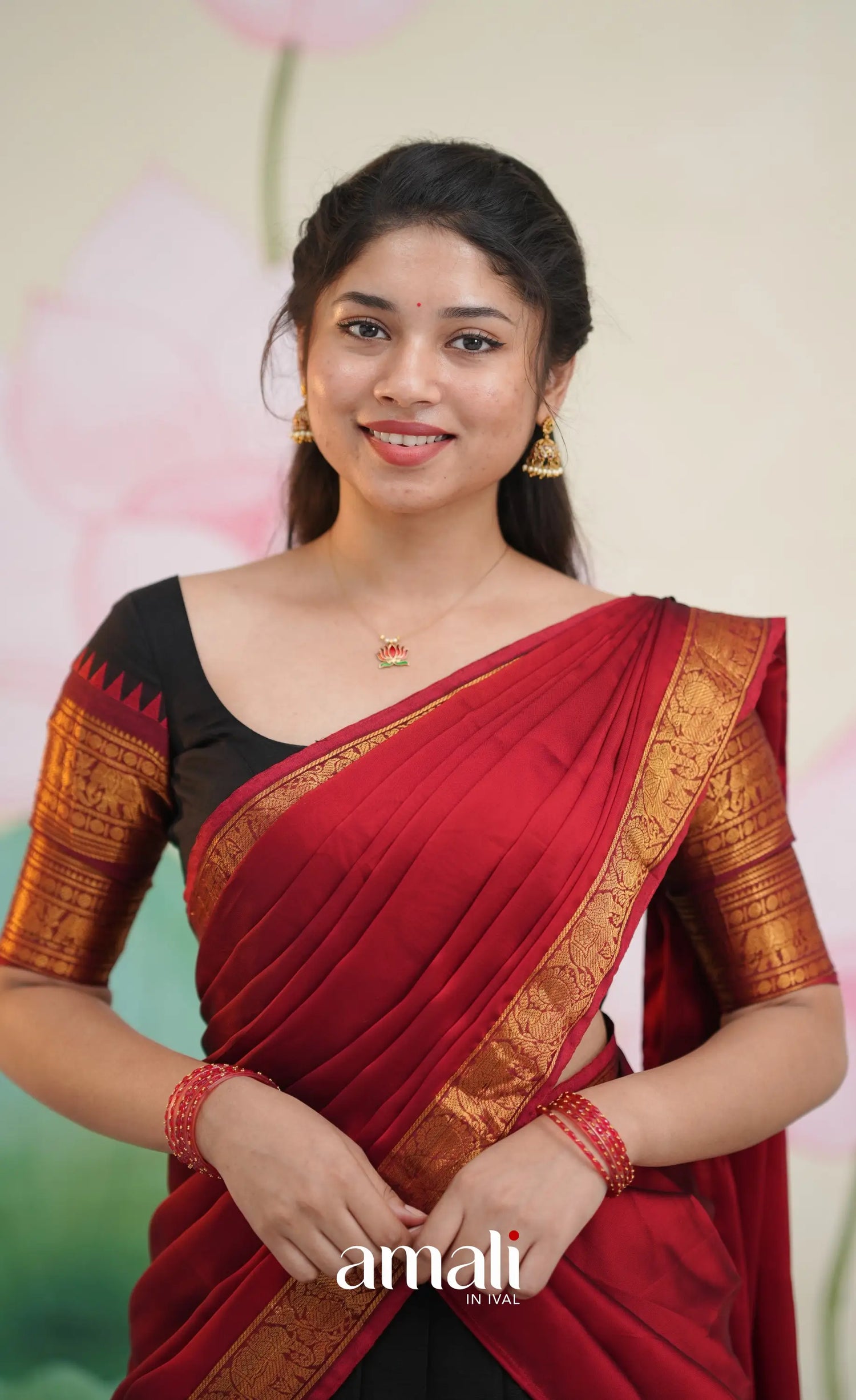 Padmaja Cotton Half Saree - Black and Maroon - Half Sarees