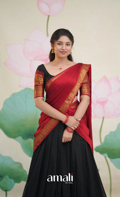 Padmaja Cotton Half Saree - Black and Maroon - Half Sarees
