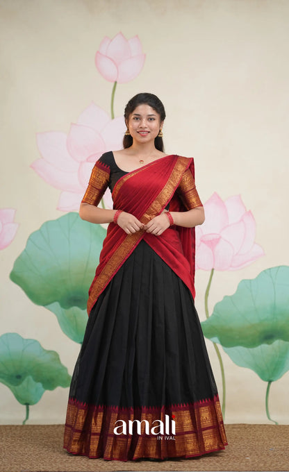Padmaja Cotton Half Saree - Black and Maroon - Half Sarees