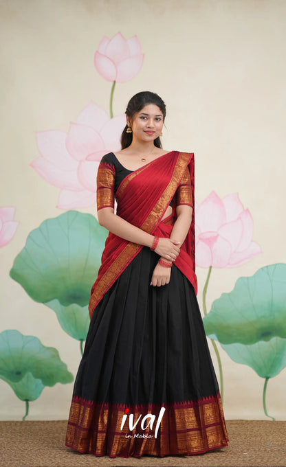 Padmaja Cotton Half Saree - Black and Maroon - Half Sarees
