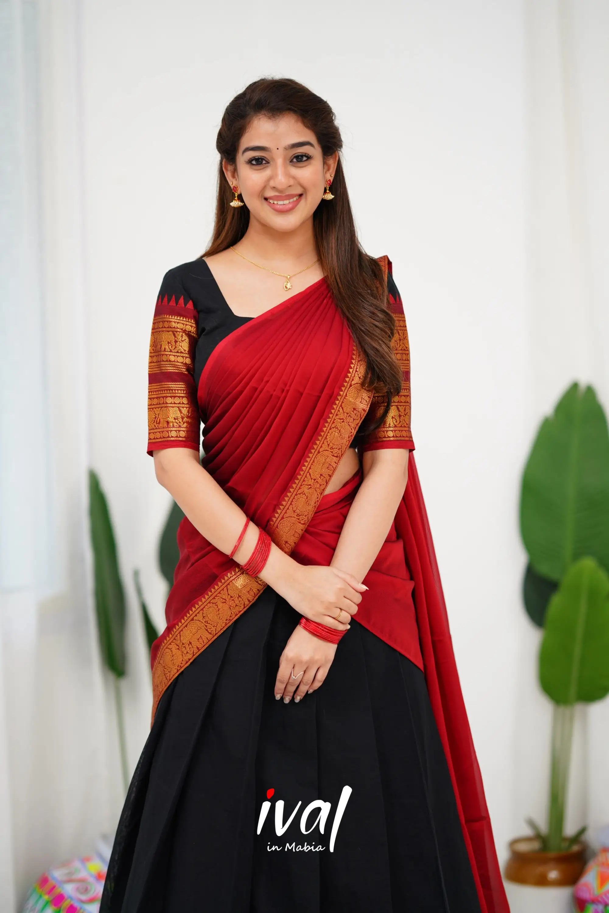 Padmaja Cotton Half Saree - Black And Maroon Sarees