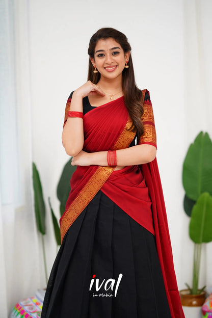 Padmaja Cotton Half Saree - Black And Maroon Sarees