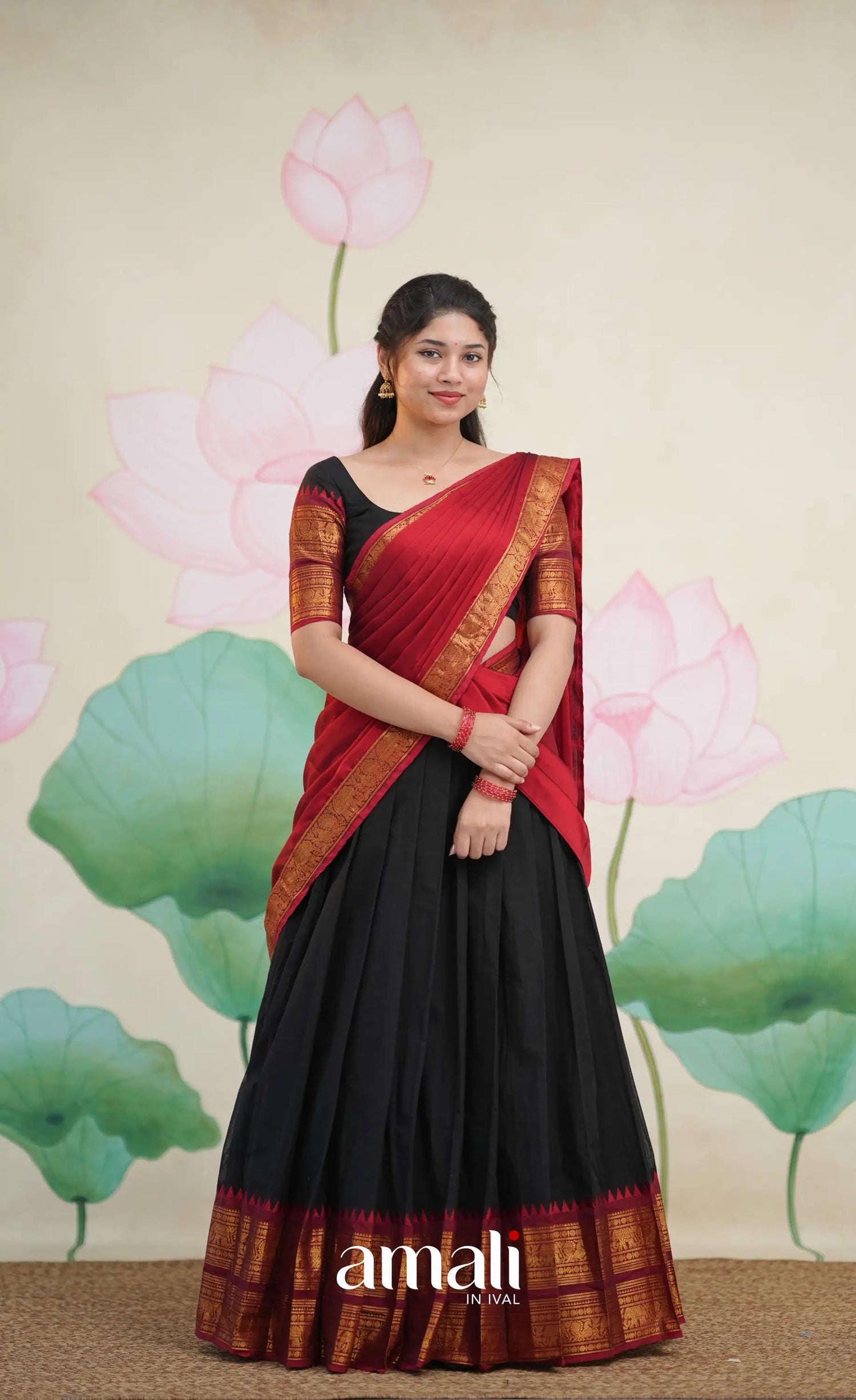 Padmaja Cotton Half Saree - Black and Maroon - Half Sarees