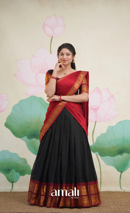 Padmaja Cotton Half Saree - Black and Maroon - Half Sarees