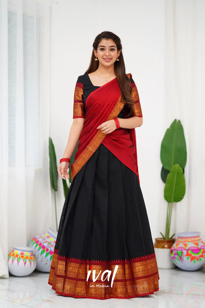 Padmaja Cotton Half Saree - Black And Maroon Sarees