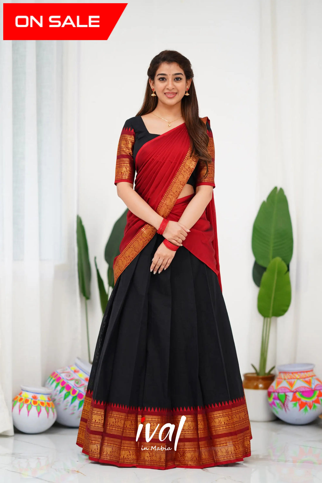 Padmaja Cotton Half Saree - Black And Maroon Sarees