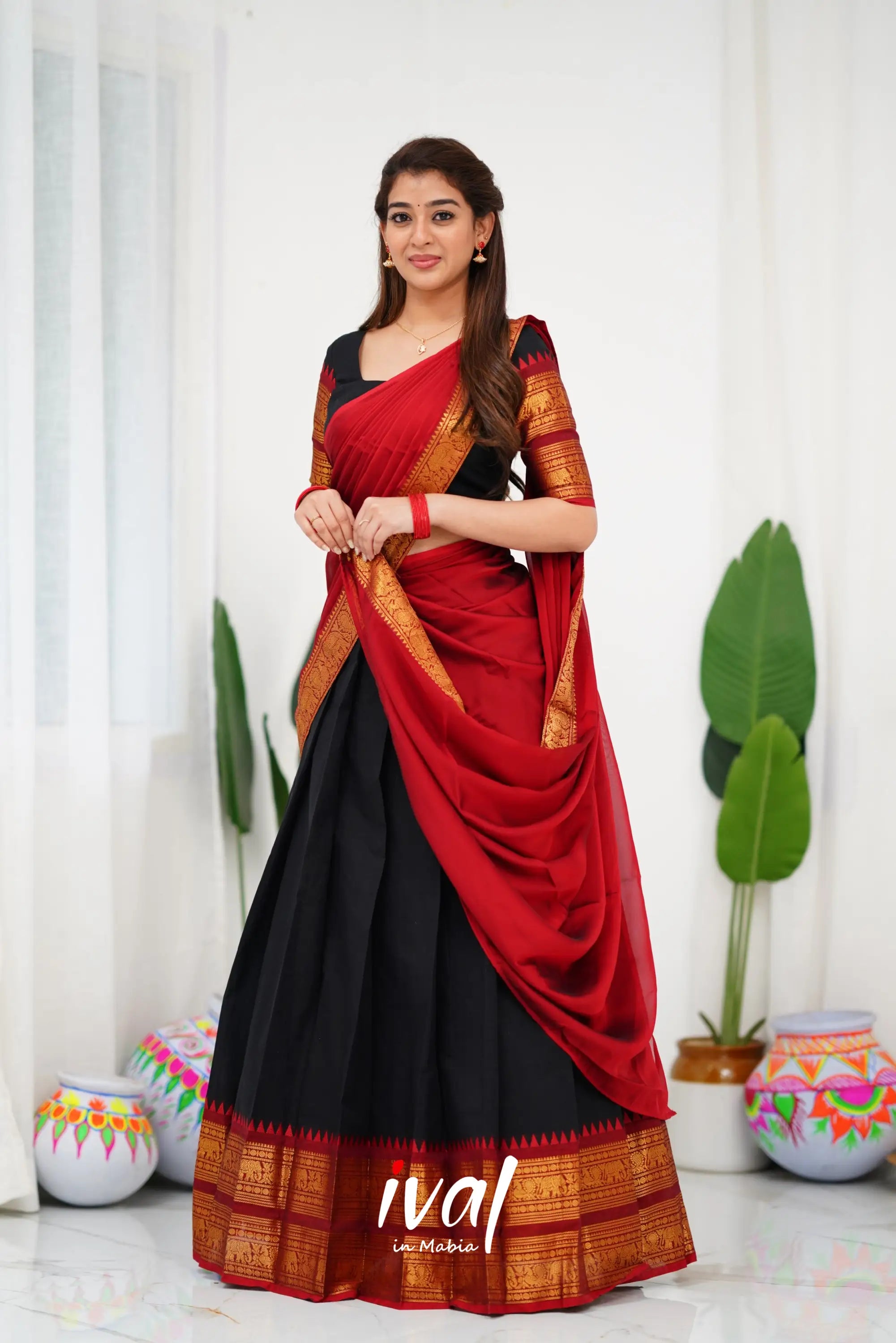 Padmaja Cotton Half Saree - Black And Maroon Sarees