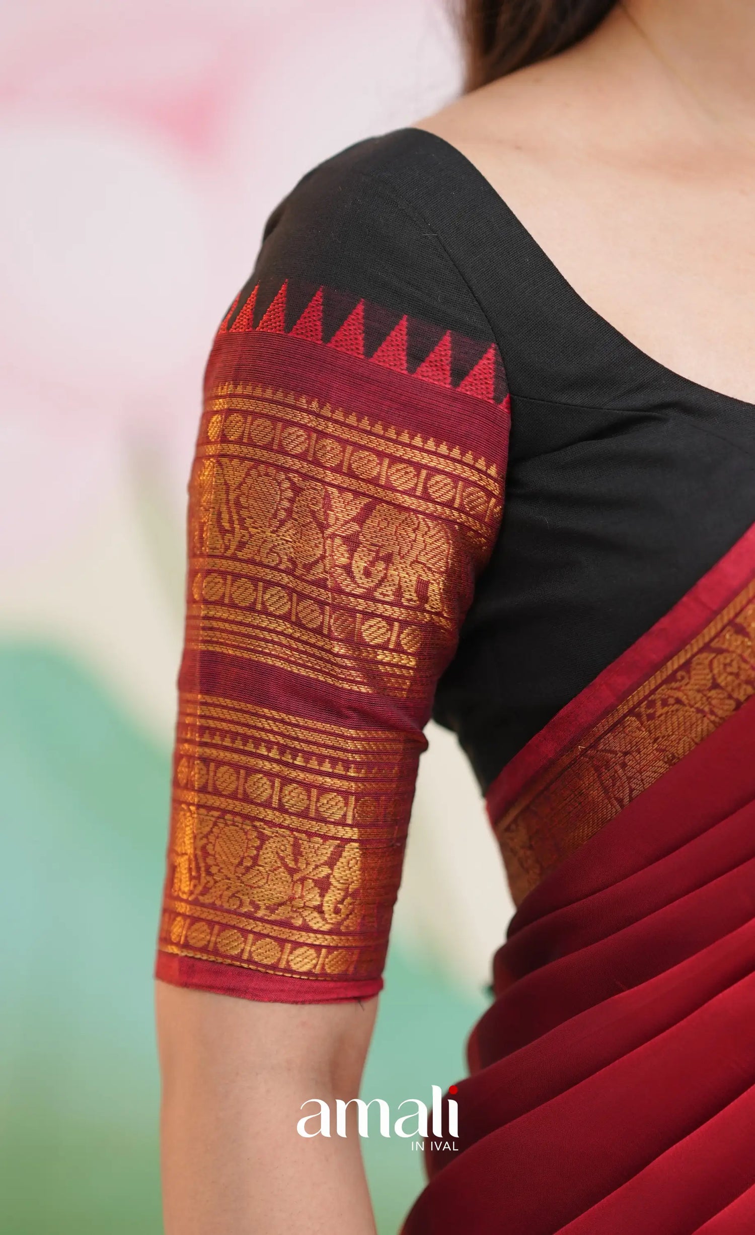 Padmaja Cotton Half Saree - Black and Maroon - Half Sarees