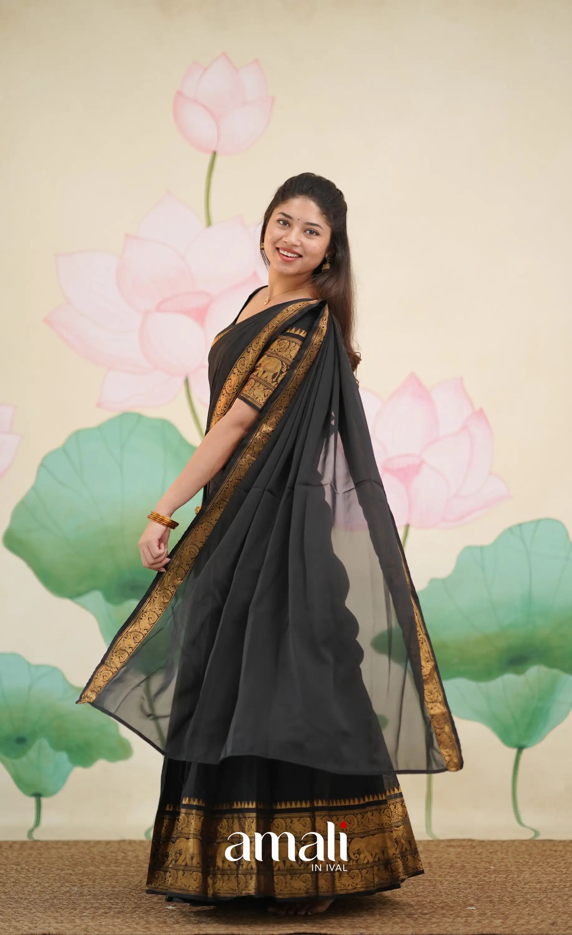 Padmaja Cotton Half Saree - Black - Half Sarees