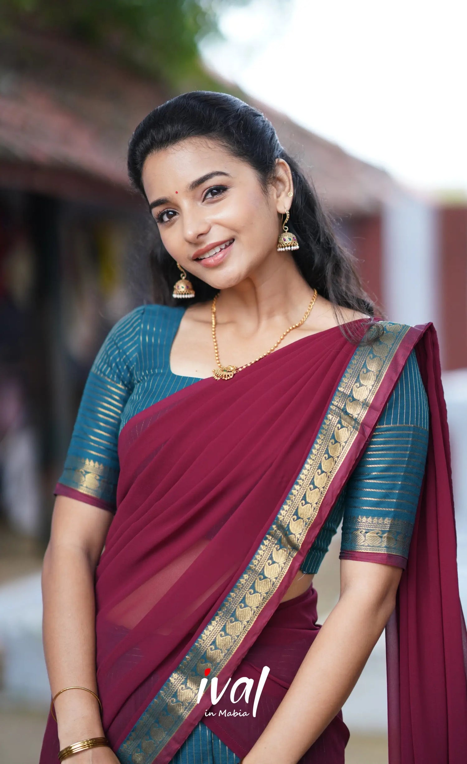 Padmaja Cotton Half Saree - Blue And Maroon Sarees