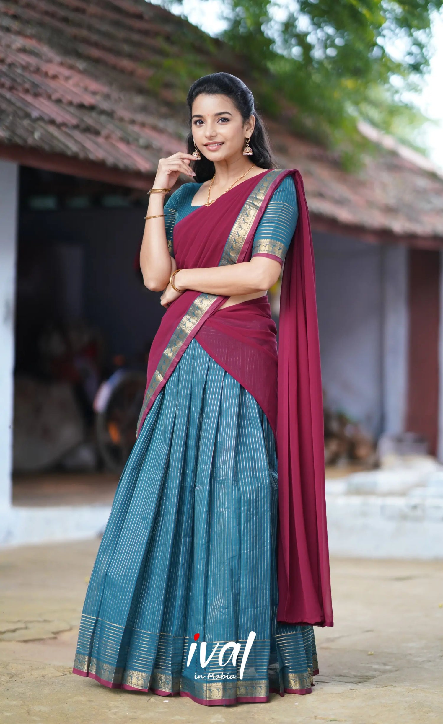 Padmaja Cotton Half Saree - Blue And Maroon Sarees