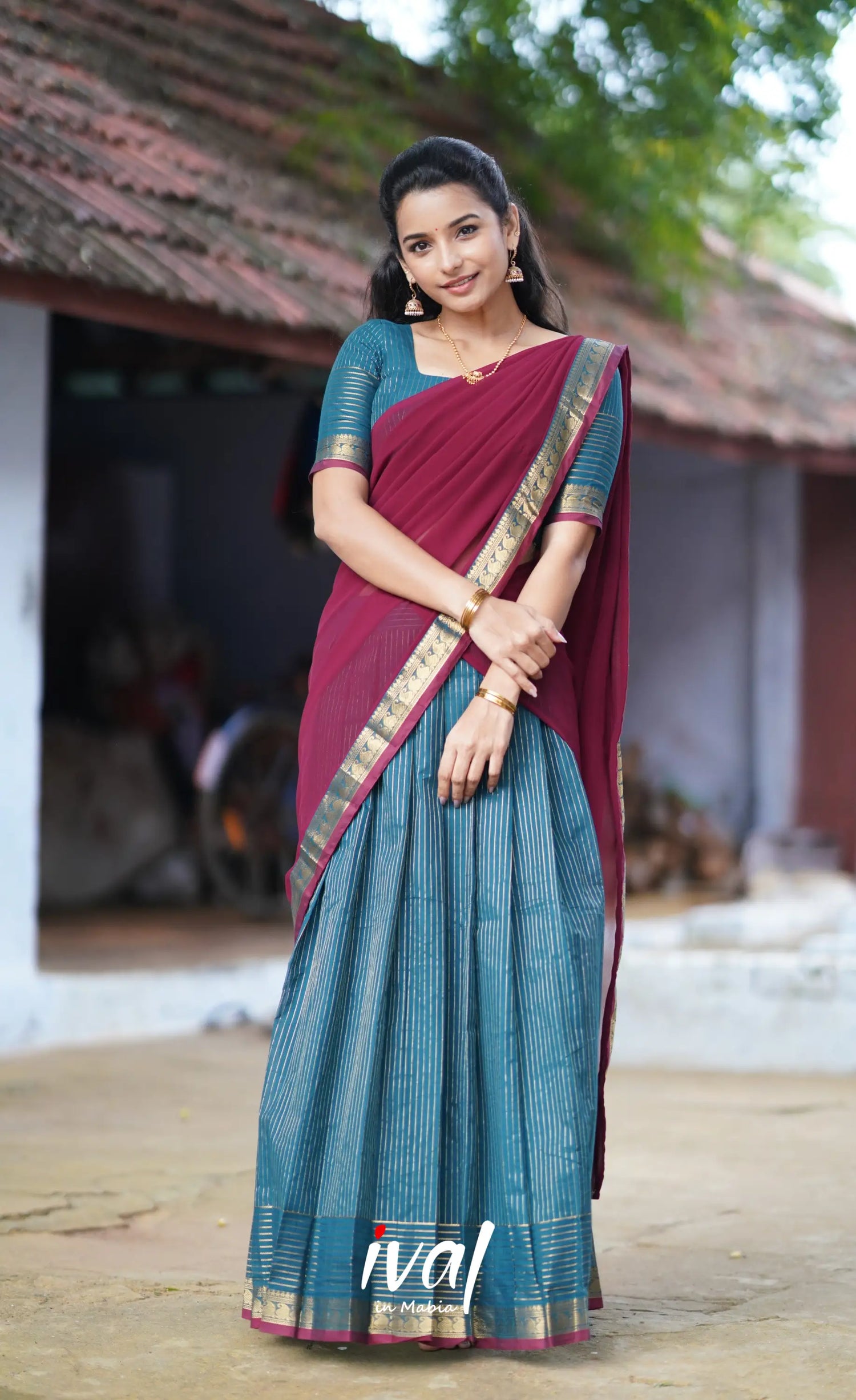 Padmaja Cotton Half Saree - Blue And Maroon Sarees