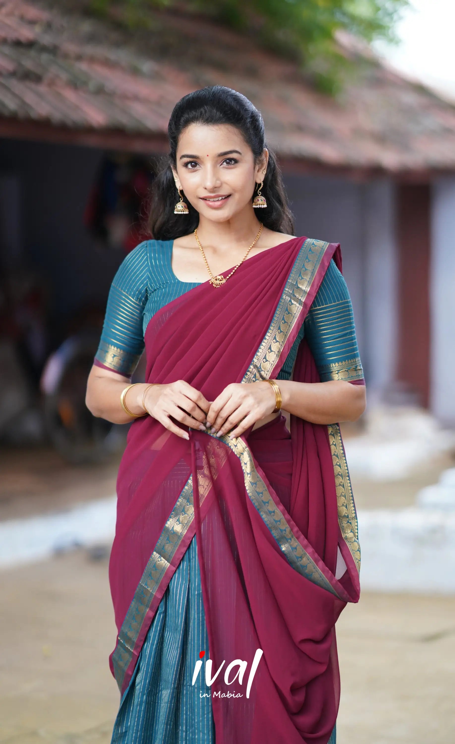 Padmaja Cotton Half Saree - Blue And Maroon Sarees