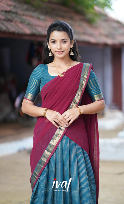 Padmaja Cotton Half Saree - Blue And Maroon Sarees