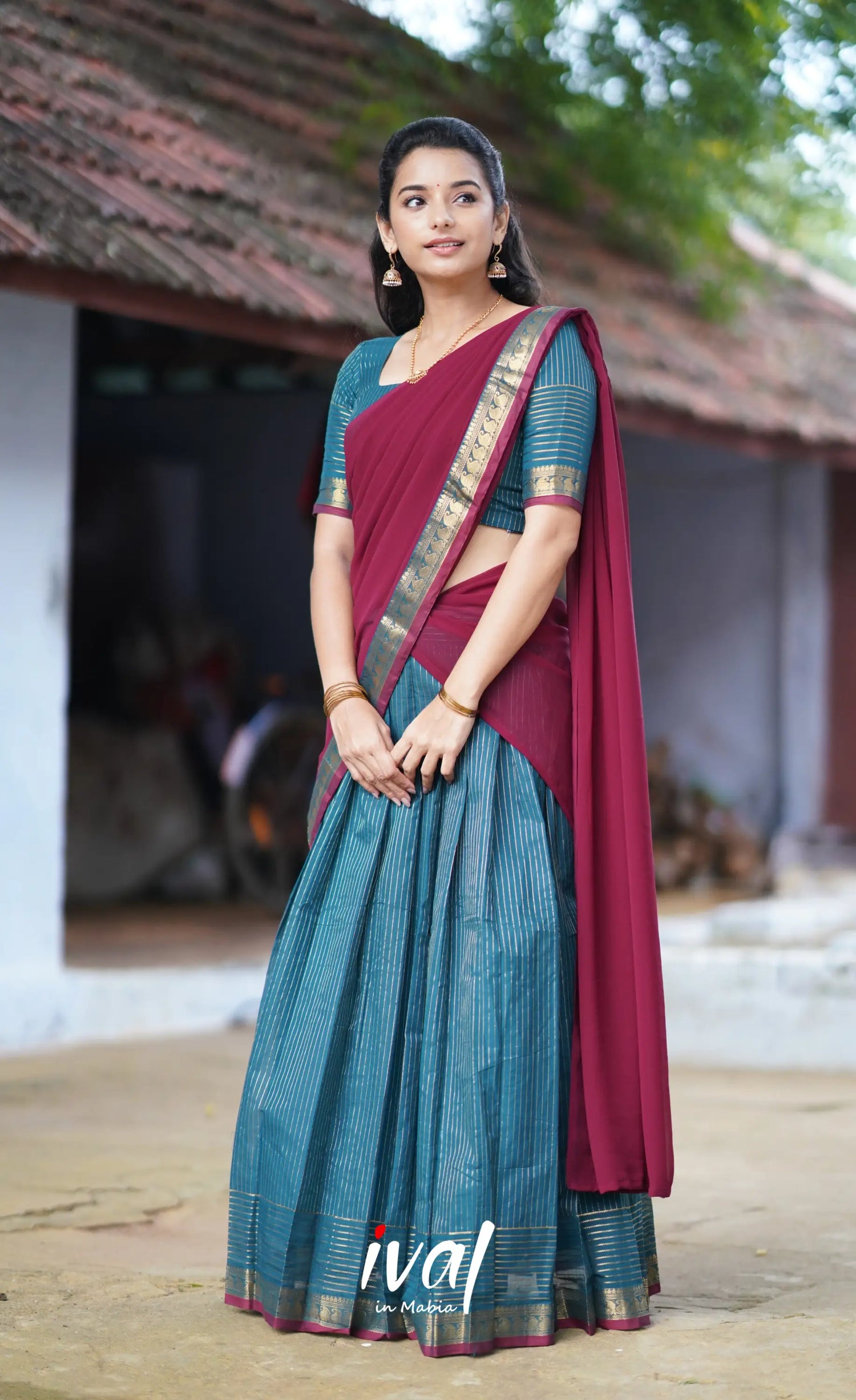 Padmaja Cotton Half Saree - Blue And Maroon Sarees