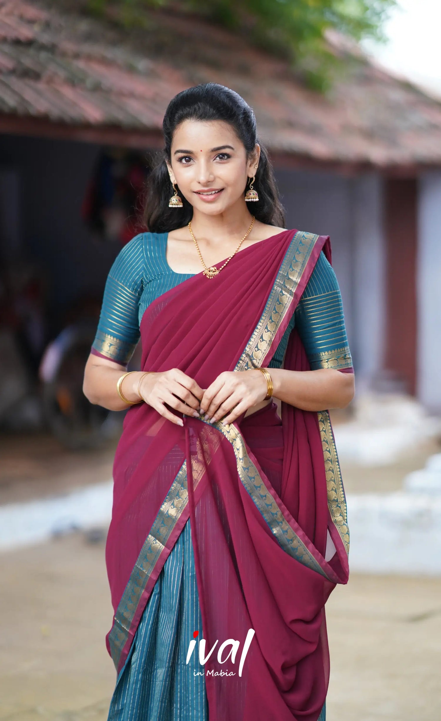 Padmaja Cotton Half Saree - Blue And Maroon Sarees