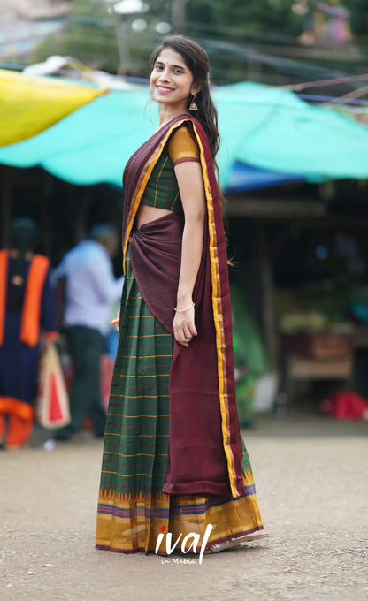 Padmaja Cotton Half Saree - Bottle Green And Brownish Maroon Sarees