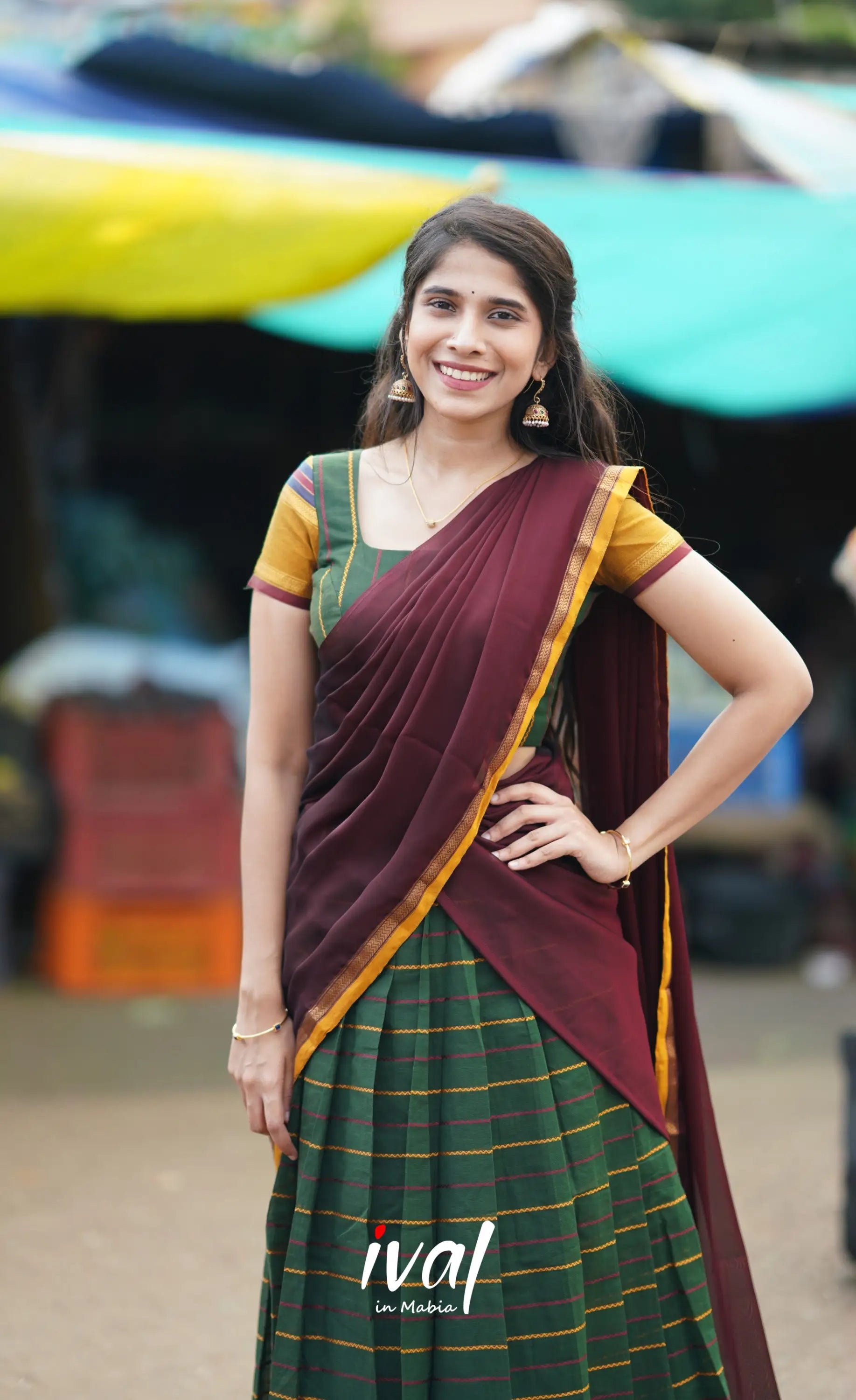 Padmaja Cotton Half Saree - Bottle Green And Brownish Maroon Sarees