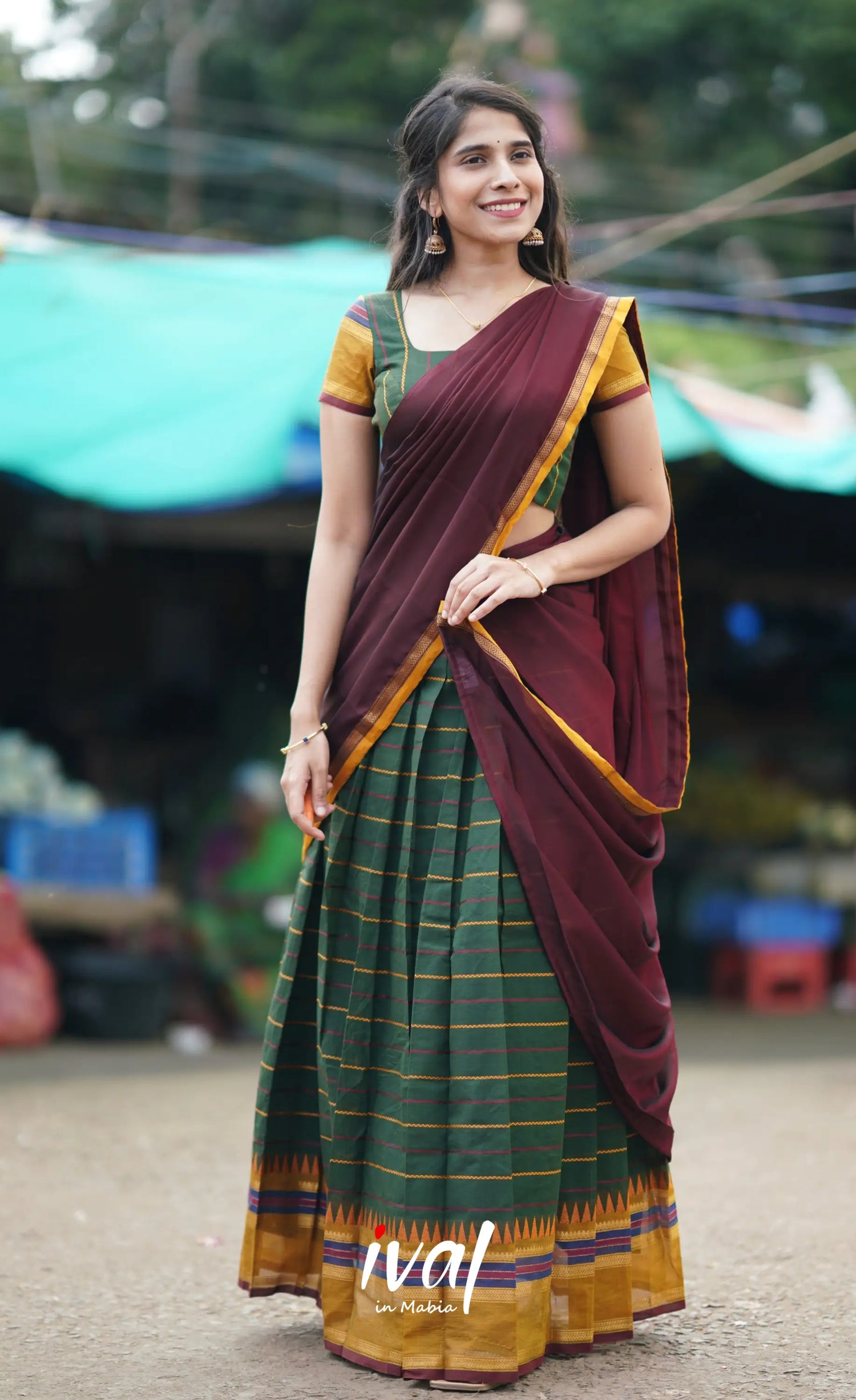 Padmaja Cotton Half Saree - Bottle Green And Brownish Maroon Sarees