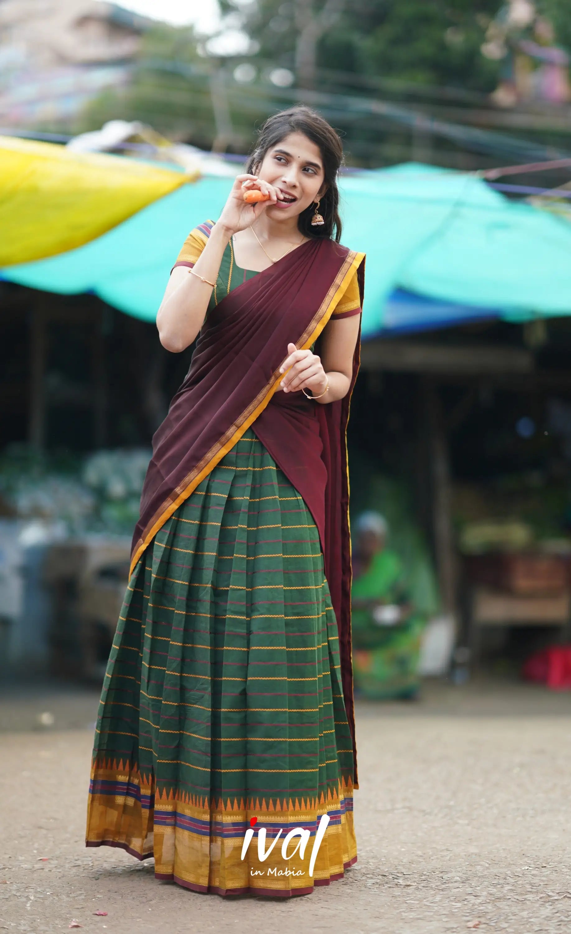 Padmaja Cotton Half Saree - Bottle Green And Brownish Maroon Sarees