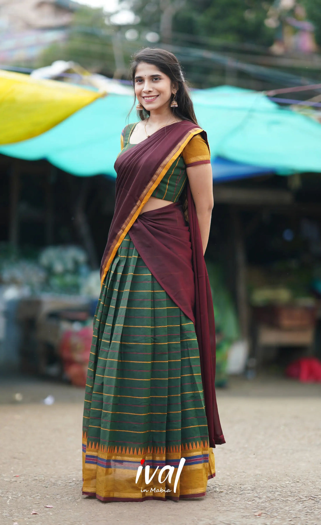 Padmaja Cotton Half Saree - Bottle Green And Brownish Maroon Sarees