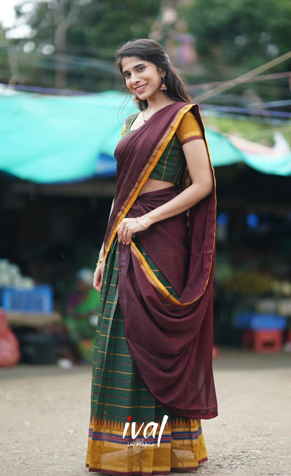 Padmaja Cotton Half Saree - Bottle Green And Brownish Maroon Sarees