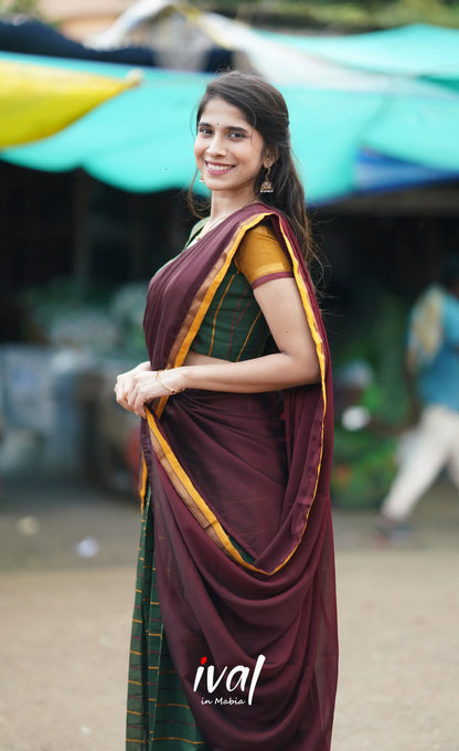 Padmaja Cotton Half Saree - Bottle Green And Brownish Maroon Sarees