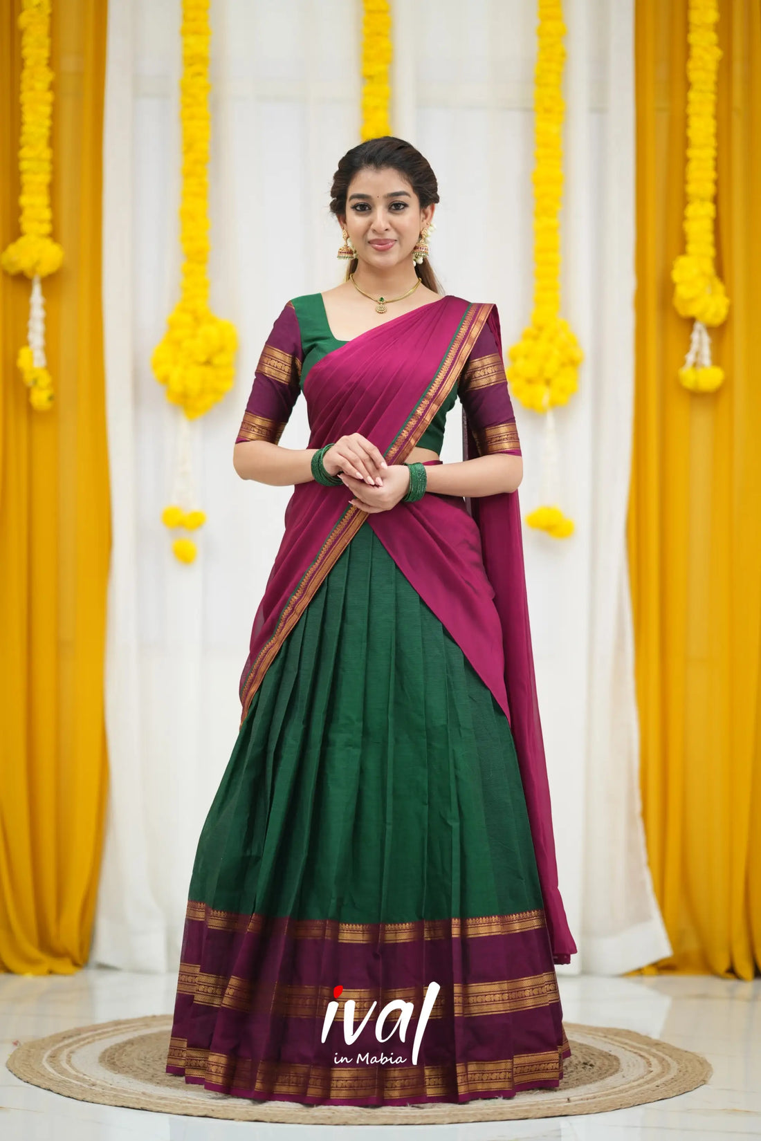 Padmaja Cotton Half Saree - Bottle Green and Dark Pink Half Sarees