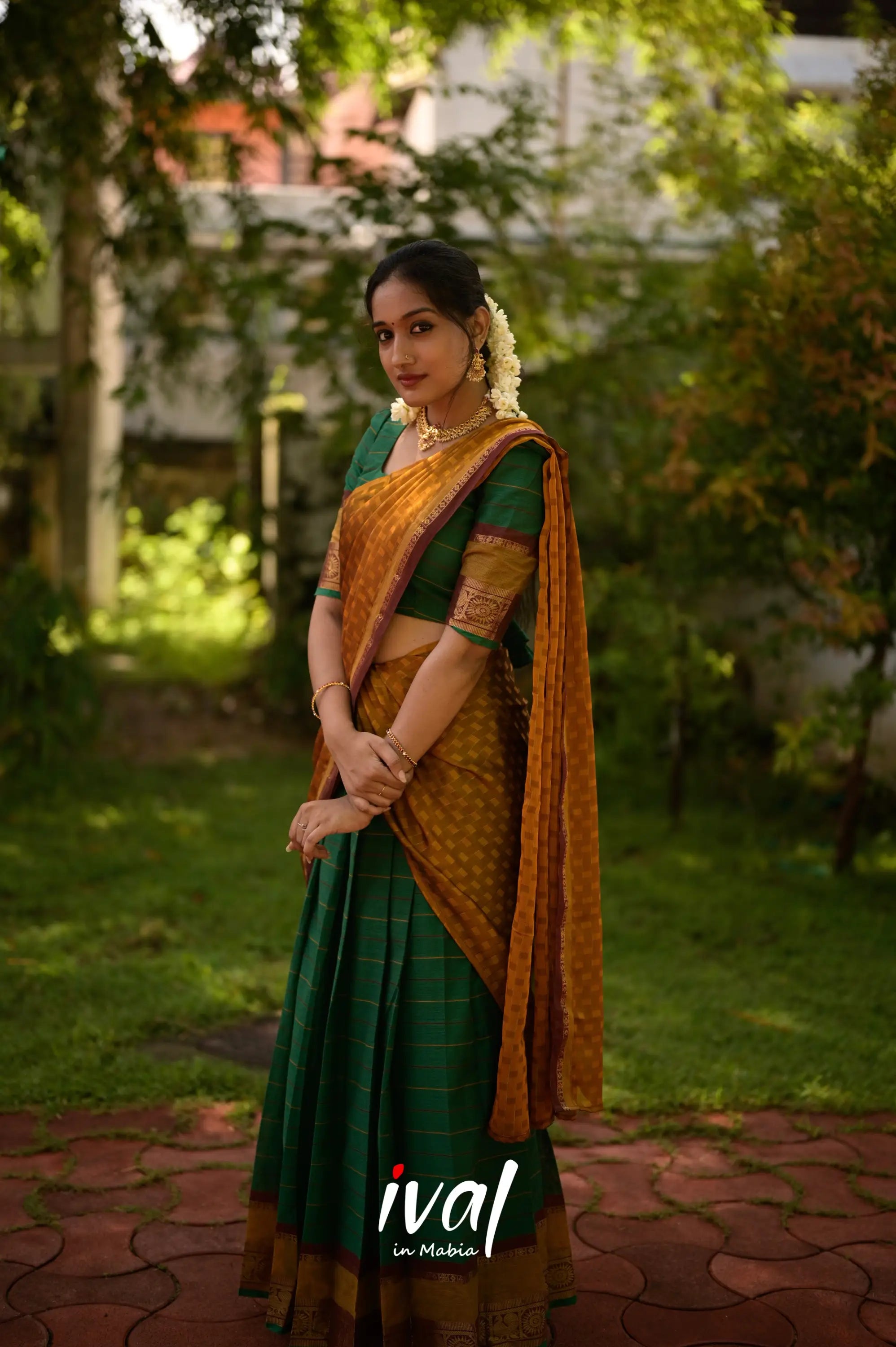 Padmaja Cotton Half Saree - Bottle Green And Mustard Sarees