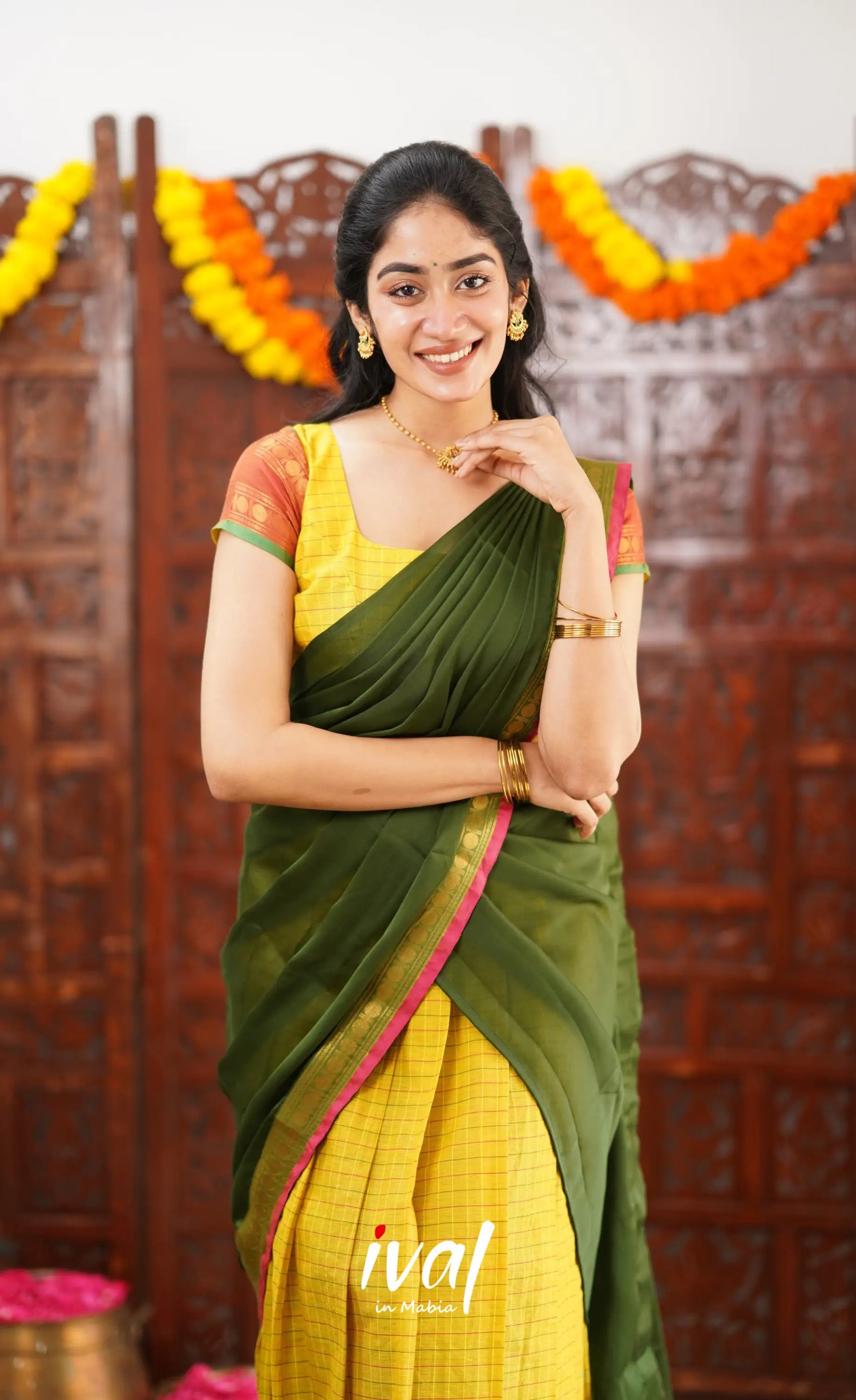 Padmaja Cotton Half Saree - Bright Yellow And Olive Green Sarees