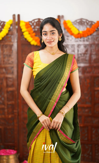 Padmaja Cotton Half Saree - Bright Yellow And Olive Green Sarees