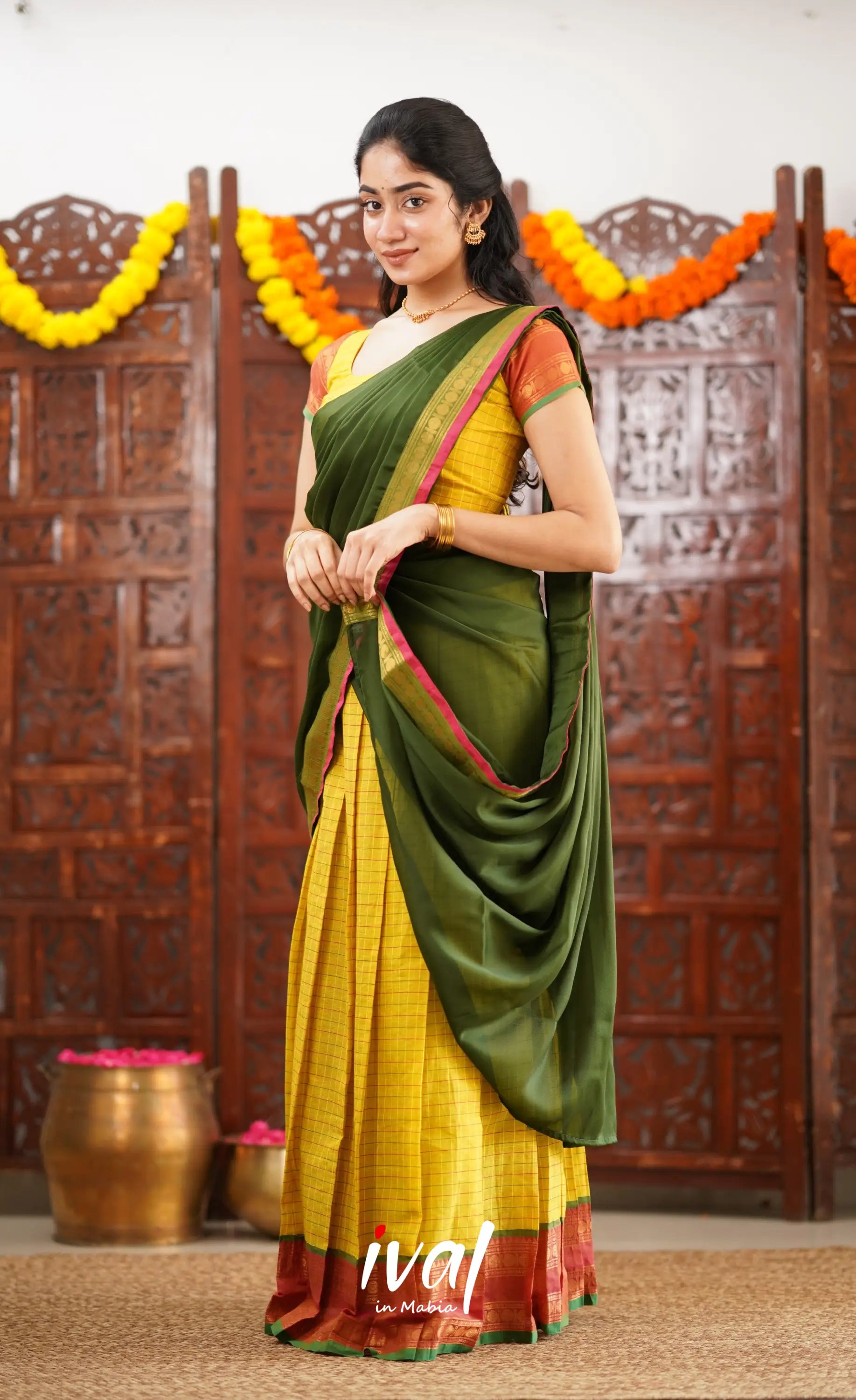 Padmaja Cotton Half Saree - Bright Yellow And Olive Green Sarees