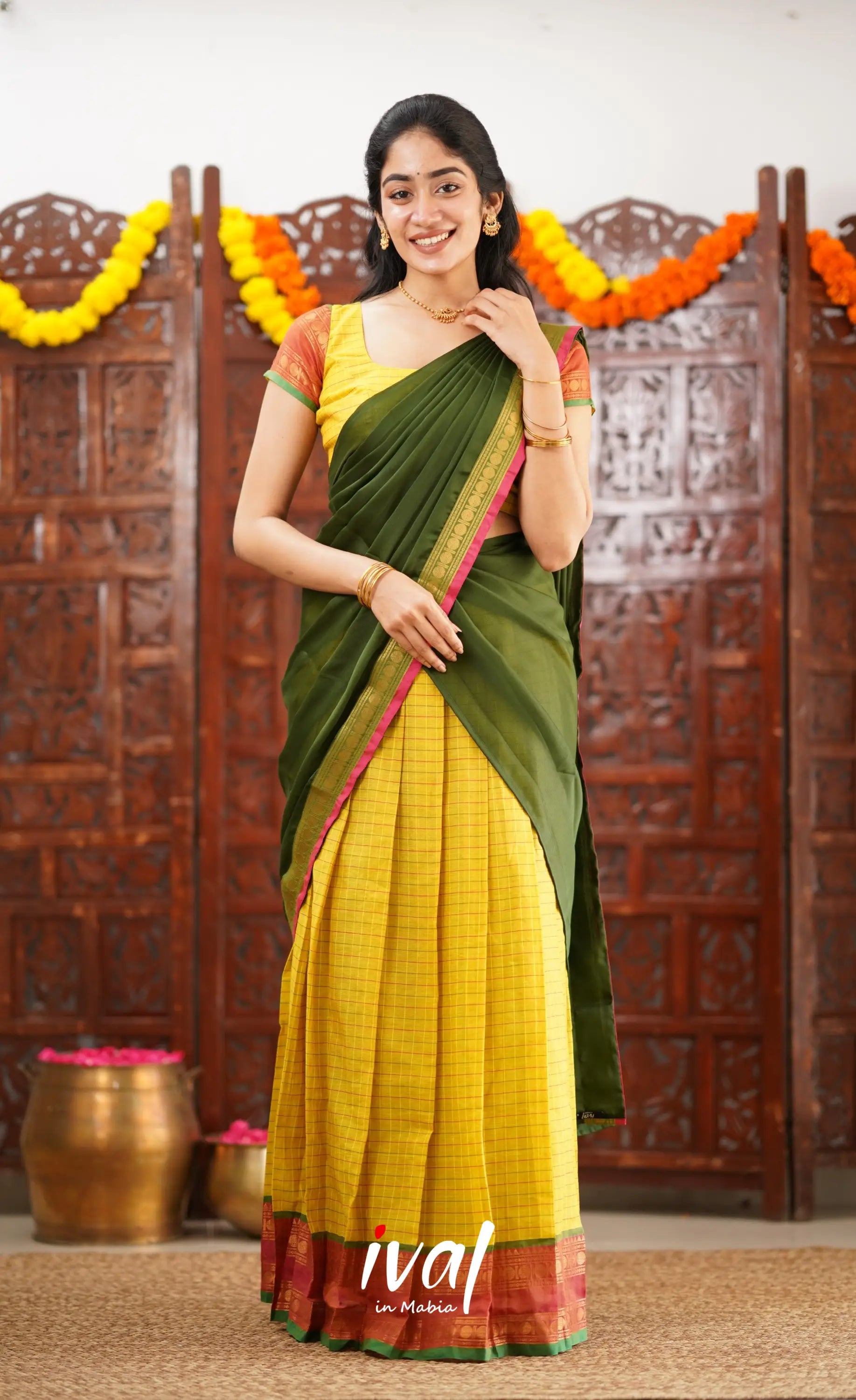 Padmaja Cotton Half Saree - Bright Yellow And Olive Green Sarees