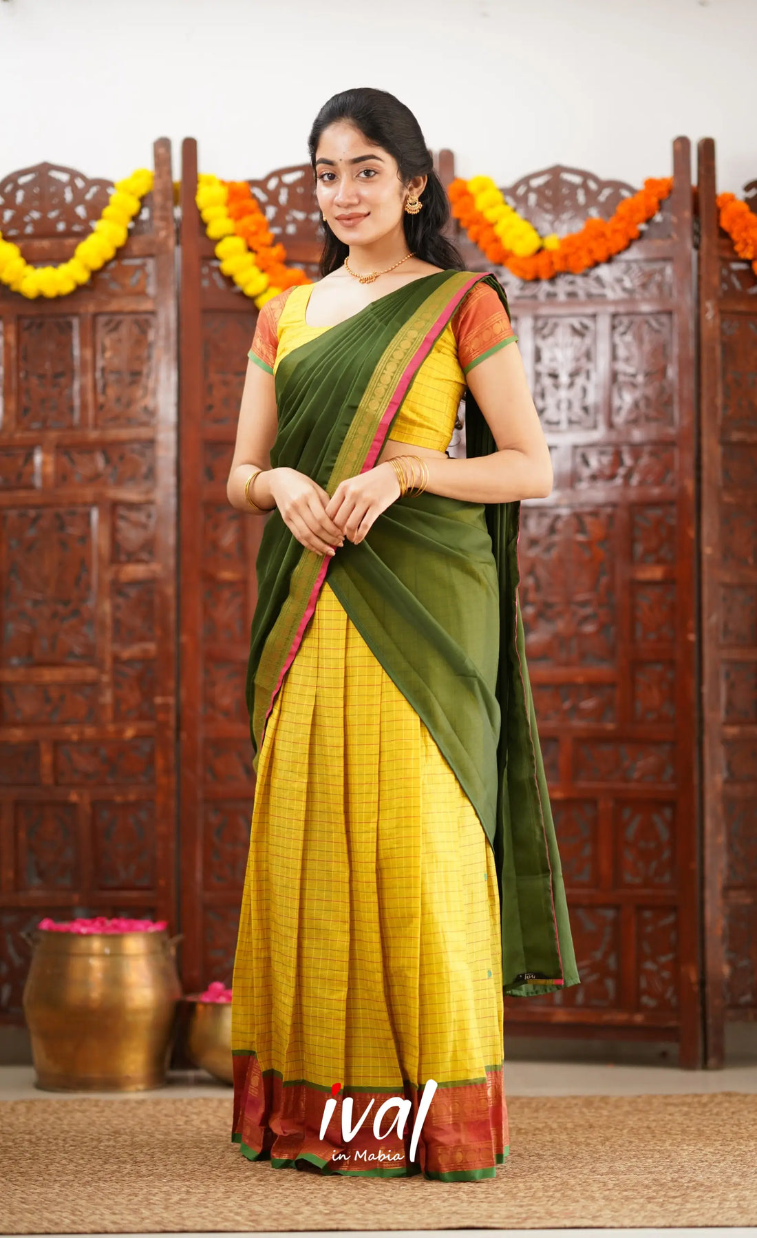 Padmaja Cotton Half Saree - Bright Yellow And Olive Green Sarees