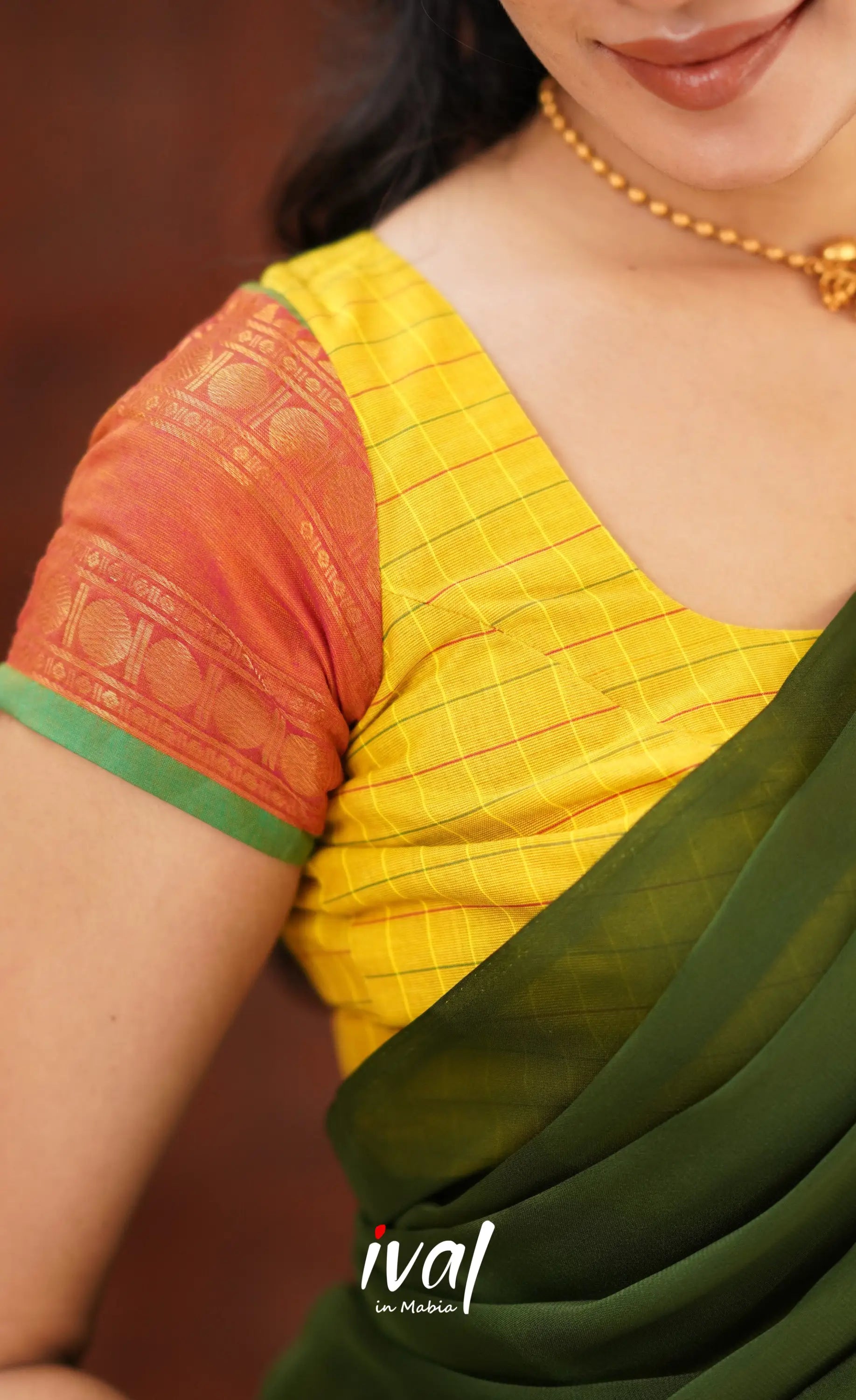 Padmaja Cotton Half Saree - Bright Yellow And Olive Green Sarees