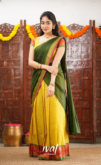 Padmaja Cotton Half Saree - Bright Yellow And Olive Green Sarees