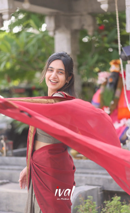 Padmaja Cotton Half Saree - Brown And Maroon Sarees