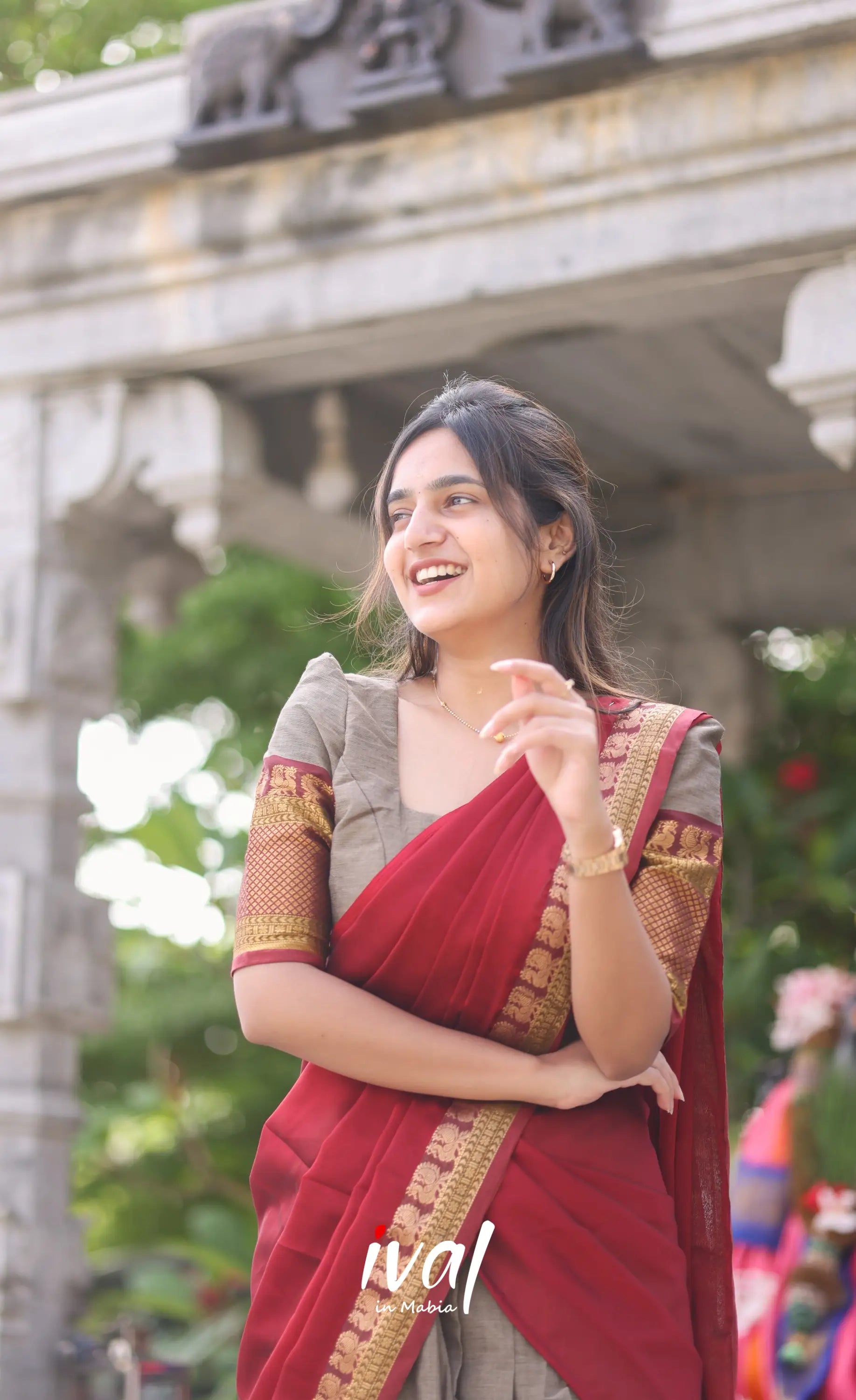 Padmaja Cotton Half Saree - Brown And Maroon Sarees