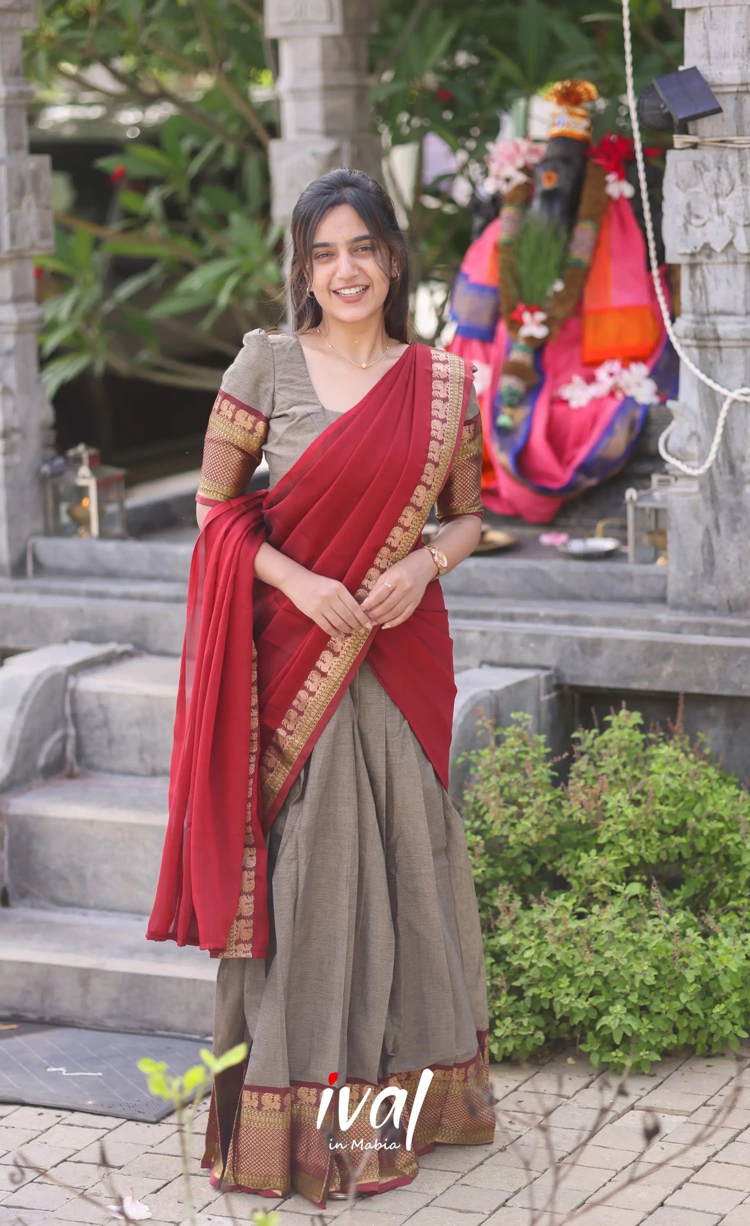 Padmaja Cotton Half Saree - Brown And Maroon Sarees