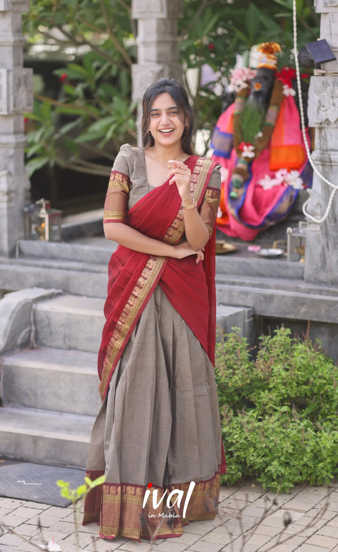 Padmaja Cotton Half Saree - Brown And Maroon Sarees