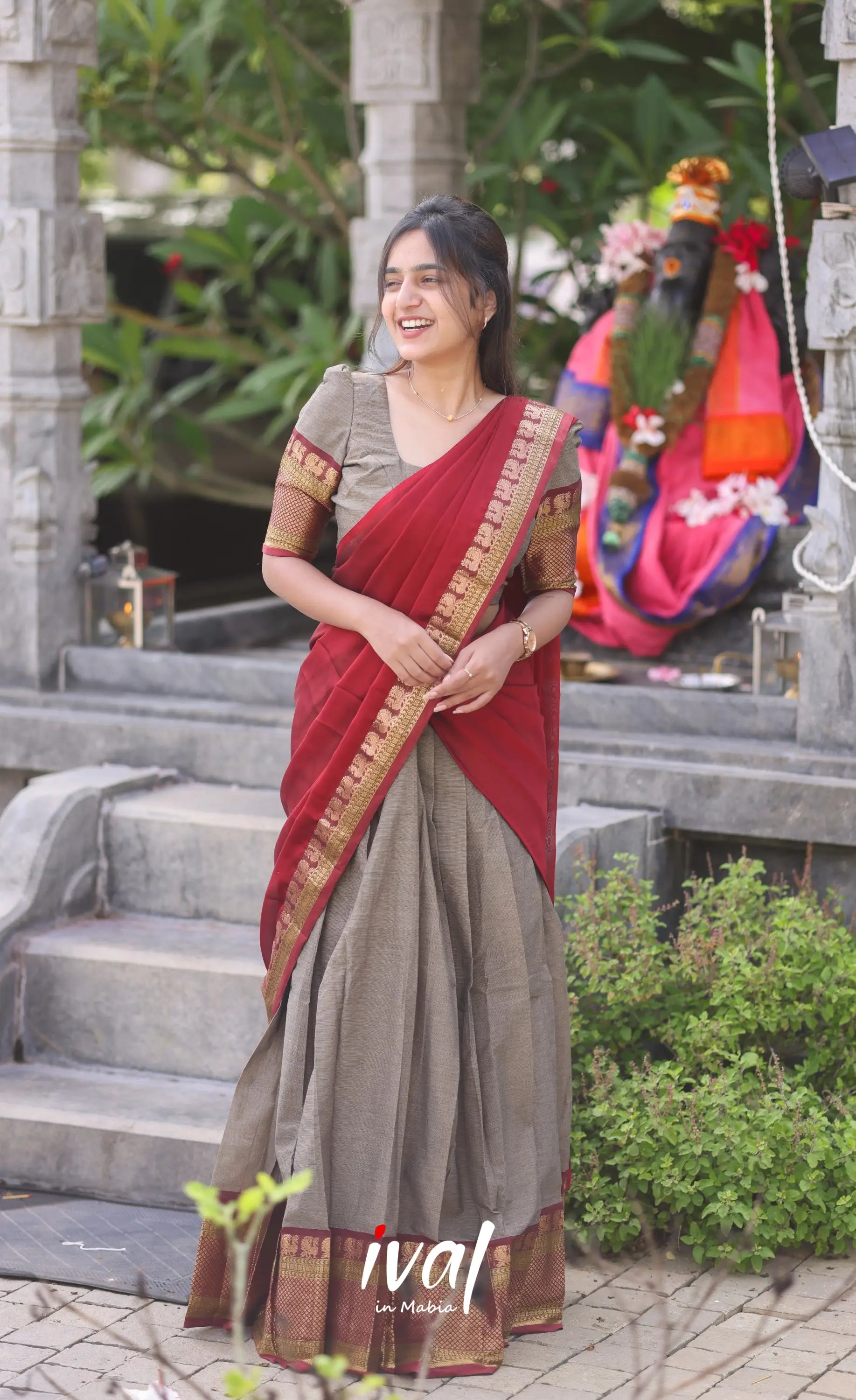 Padmaja Cotton Half Saree - Brown And Maroon Sarees