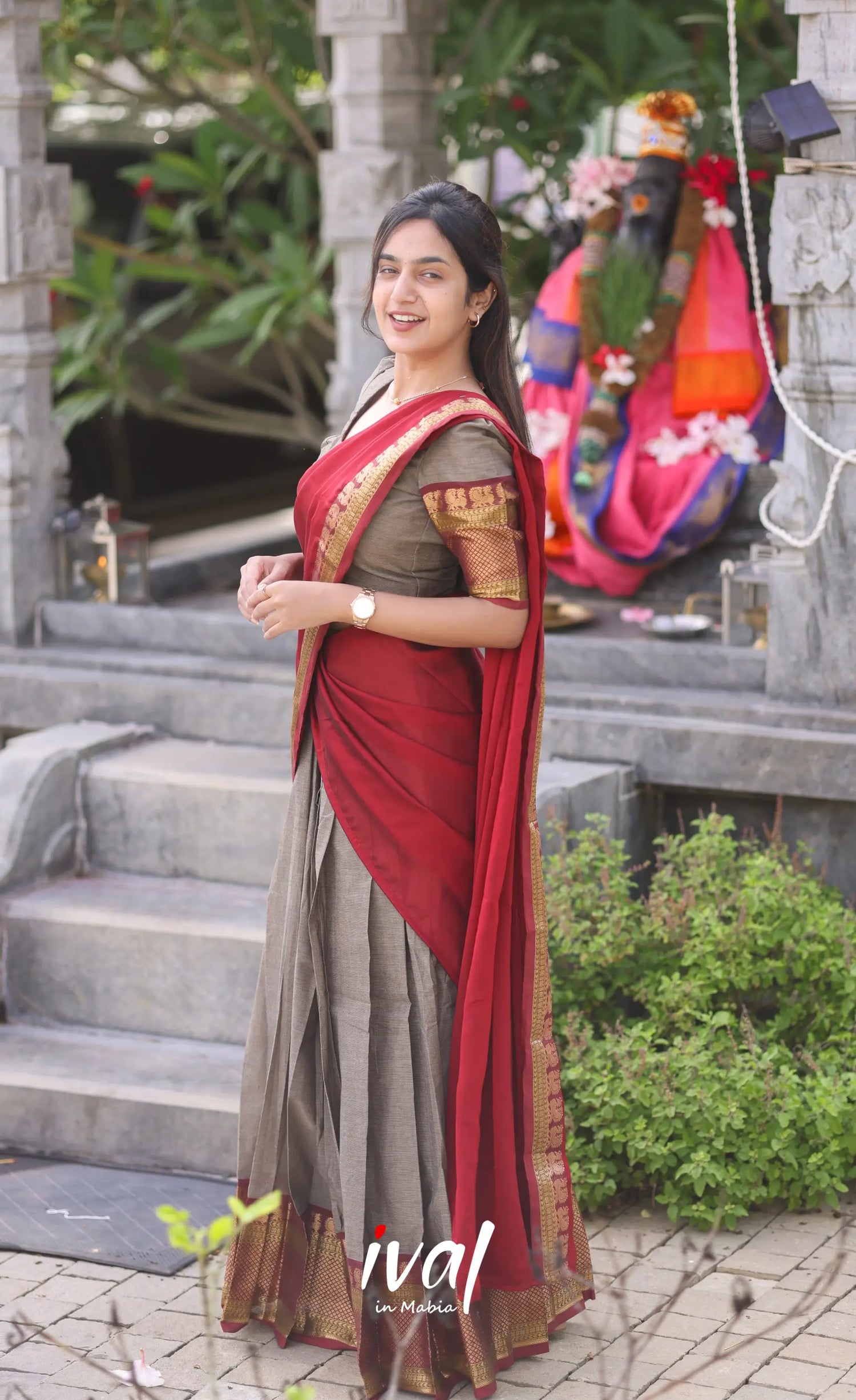 Padmaja Cotton Half Saree - Brown And Maroon Sarees