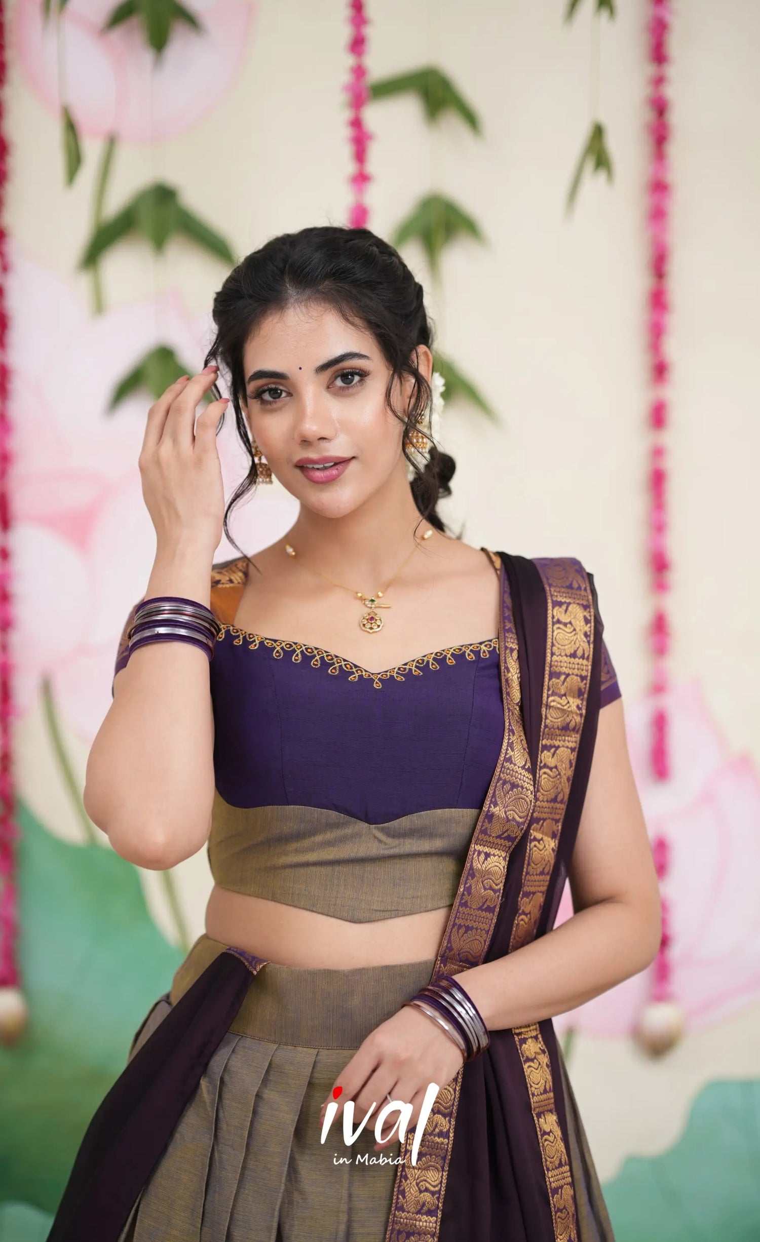 Padmaja Cotton Half Saree - Brownish Grey and Dark Plum Half Sarees