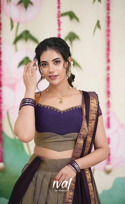 Padmaja Cotton Half Saree - Brownish Grey and Dark Plum Half Sarees