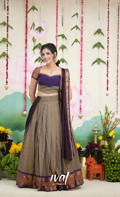 Padmaja Cotton Half Saree - Brownish Grey and Dark Plum Half Sarees