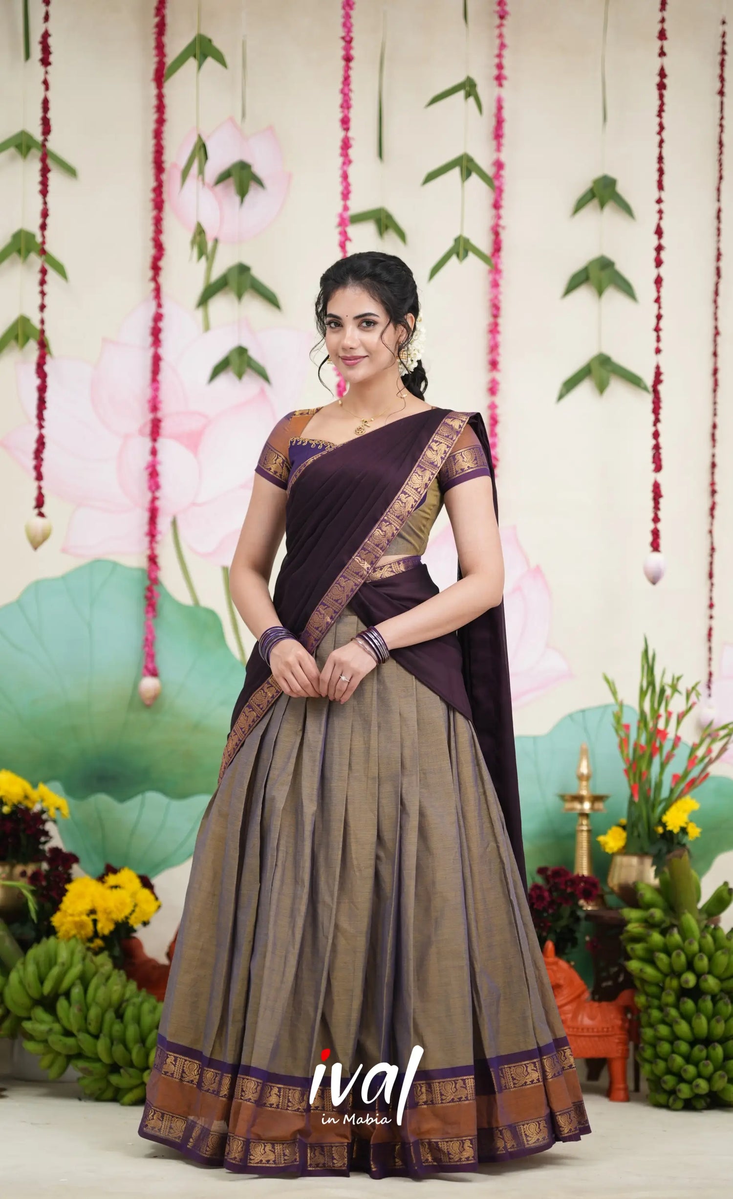 Padmaja Cotton Half Saree - Brownish Grey and Dark Plum Half Sarees