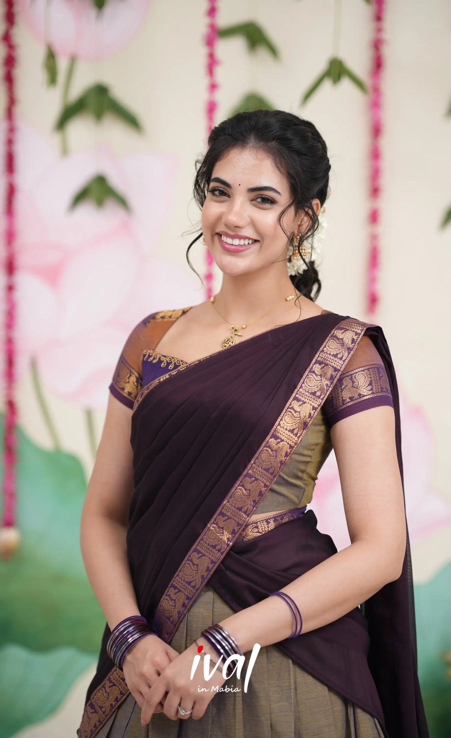 Padmaja Cotton Half Saree - Brownish Grey and Dark Plum Half Sarees