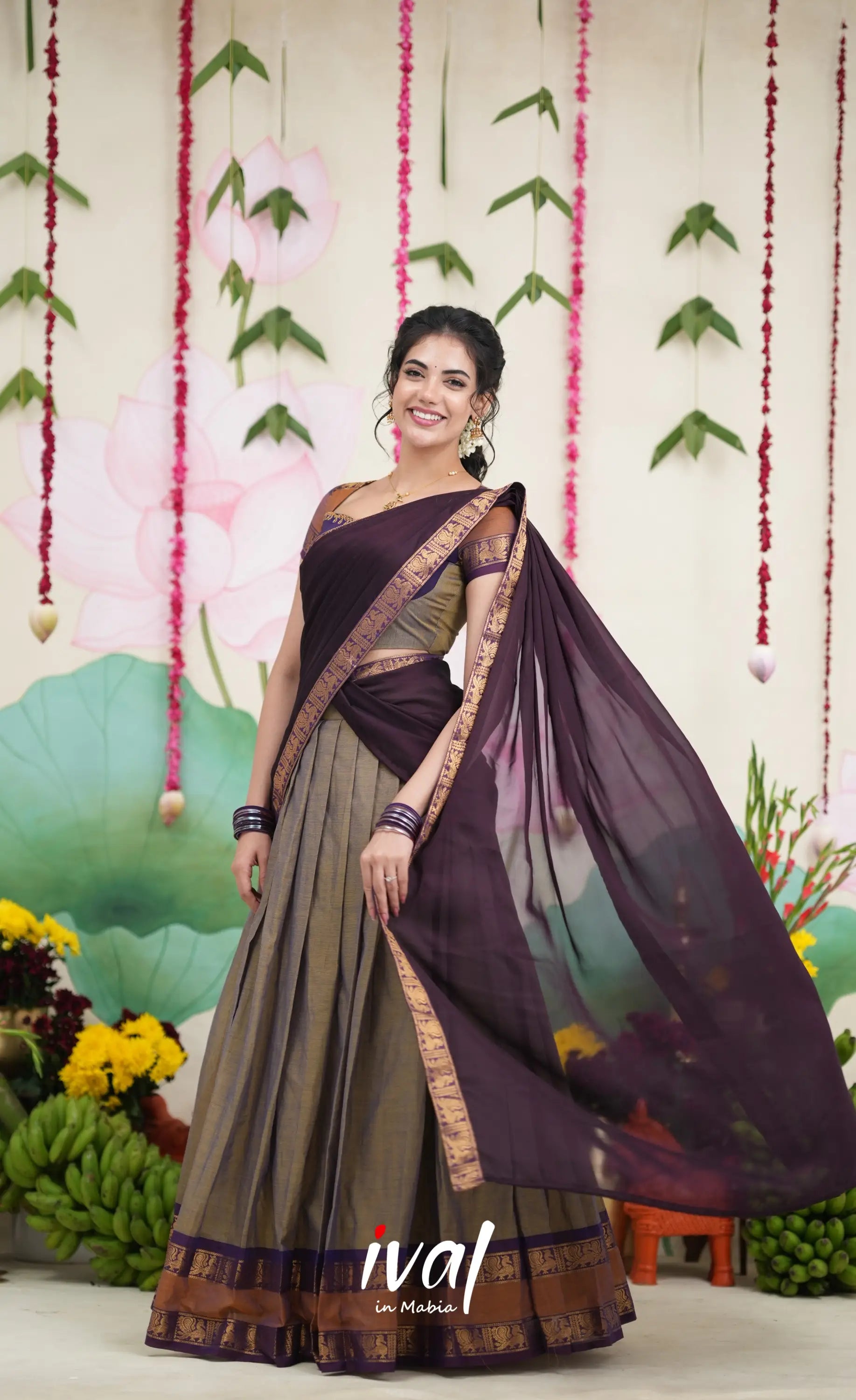 Padmaja Cotton Half Saree - Brownish Grey and Dark Plum Half Sarees