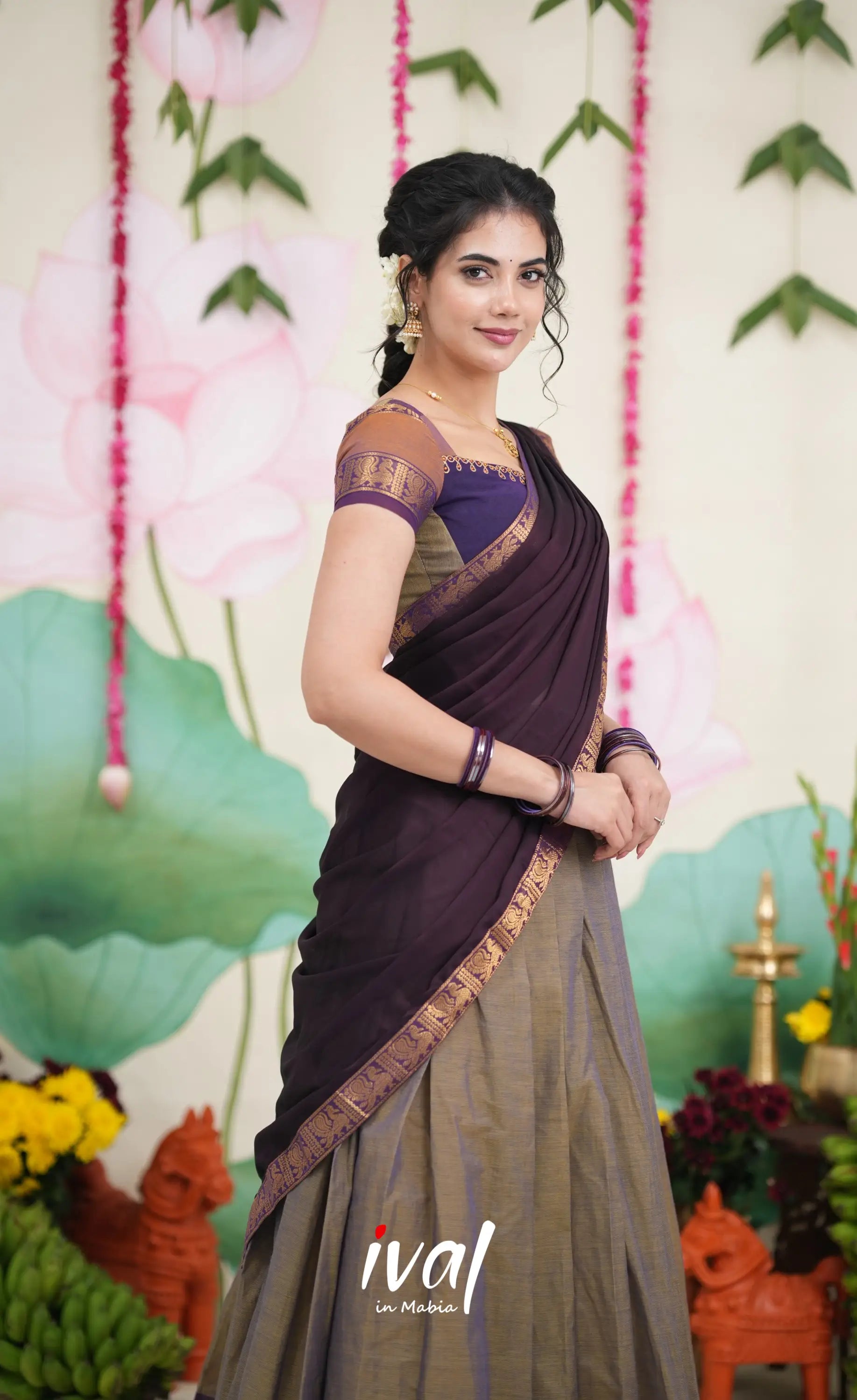 Padmaja Cotton Half Saree - Brownish Grey and Dark Plum Half Sarees