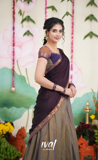 Padmaja Cotton Half Saree - Brownish Grey and Dark Plum Half Sarees